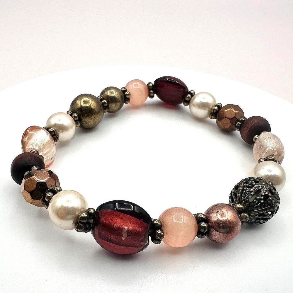 Vintage Multi Color Beaded Stretch Bracelet Faux Pearl Bronze Tone Boho Retro